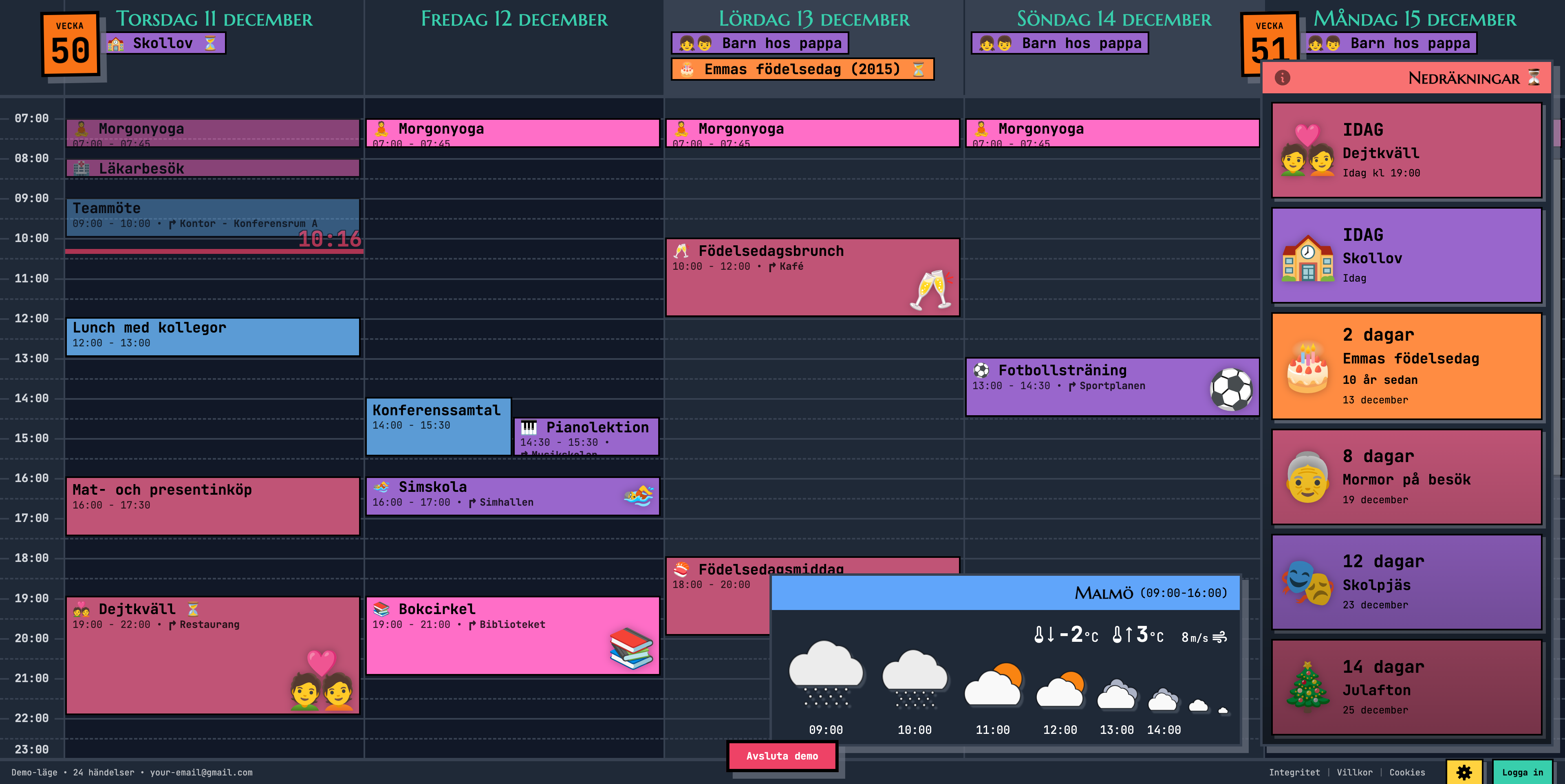 Family Calendar showing a 5-day week view with color-coded events, emoji indicators, and weather forecast — optimized for tablet displays