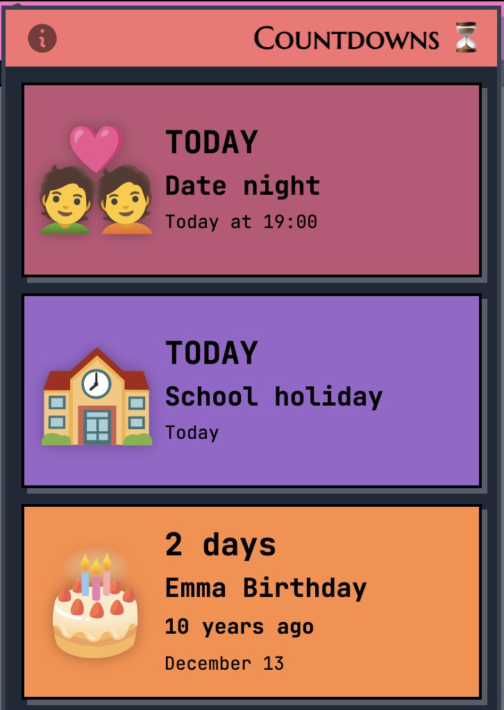Countdown sidebar showing upcoming events like birthdays and school holidays