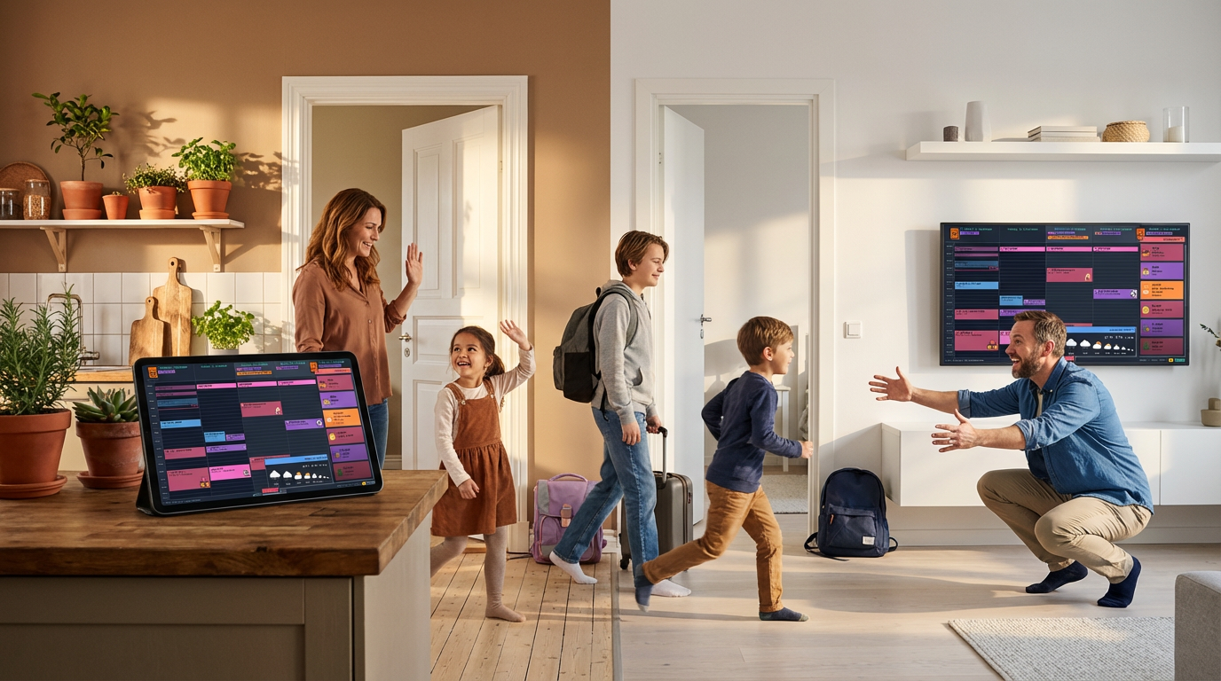 Happy child transitioning between homes with calendar display in background