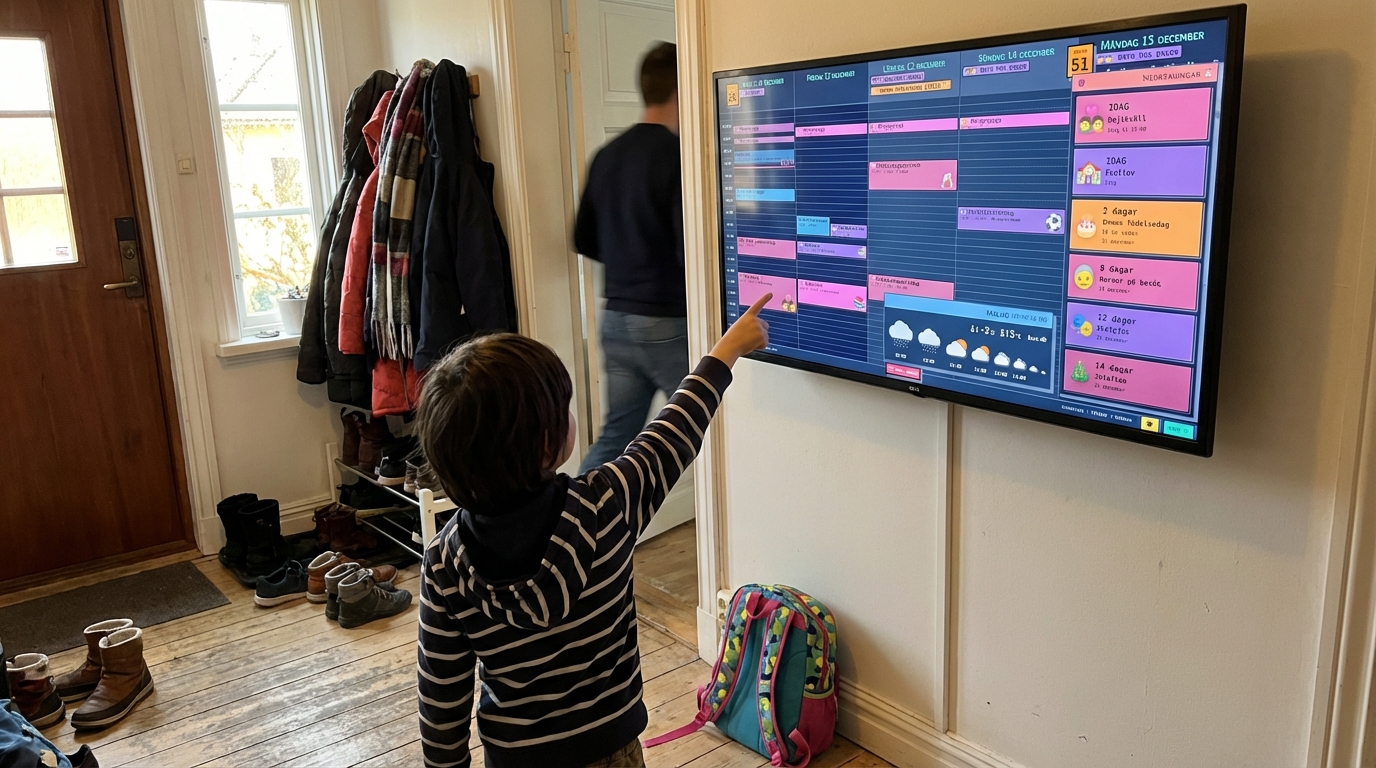 Child pointing at wall-mounted family calendar display in a busy hallway