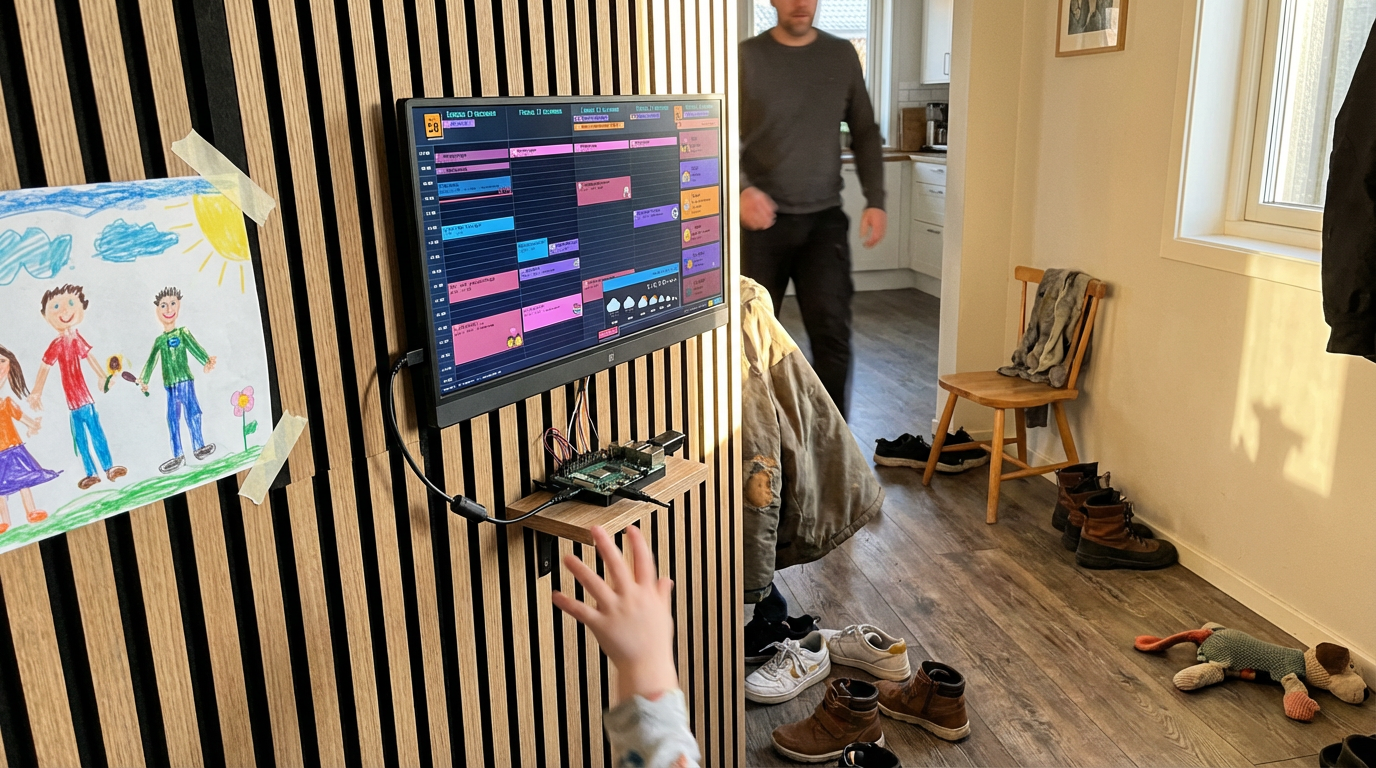 Raspberry Pi connected to a monitor showing family calendar in full-screen