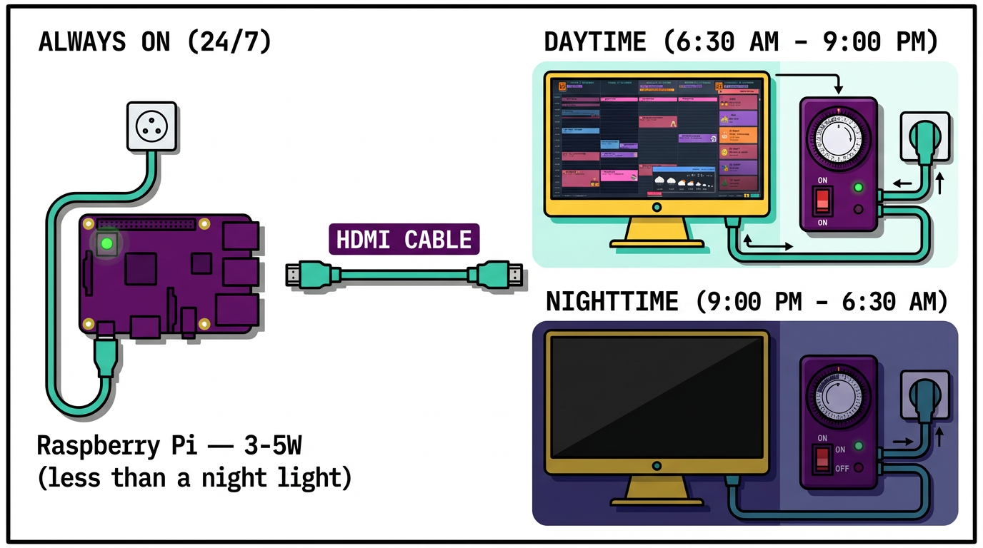 Skýringarmynd af straumtímauppsetningu: Raspberry Pi alltaf kveiktur (3-5W) tengdur gegnum HDMI við skjá. Á daginn (06:30 - 21:00) sýnir skjárinn dagatalið. Á nóttunni (21:00 - 06:30) slekkur straumtíminn á skjánum á meðan Pi-inn heldur áfram keyrslu.