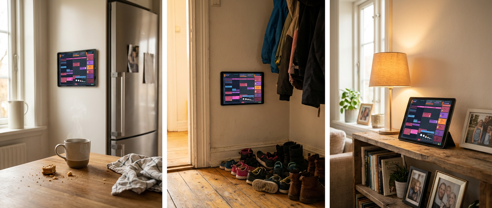 Three photos showing a tablet mounted in different locations: kitchen counter near the fridge, hallway wall by the front door, and living room shelf