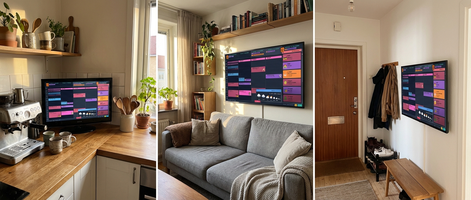 Three photos showing a family calendar on different TVs: kitchen counter TV next to a coffee machine, living room TV above a sofa, and hallway TV near the front door